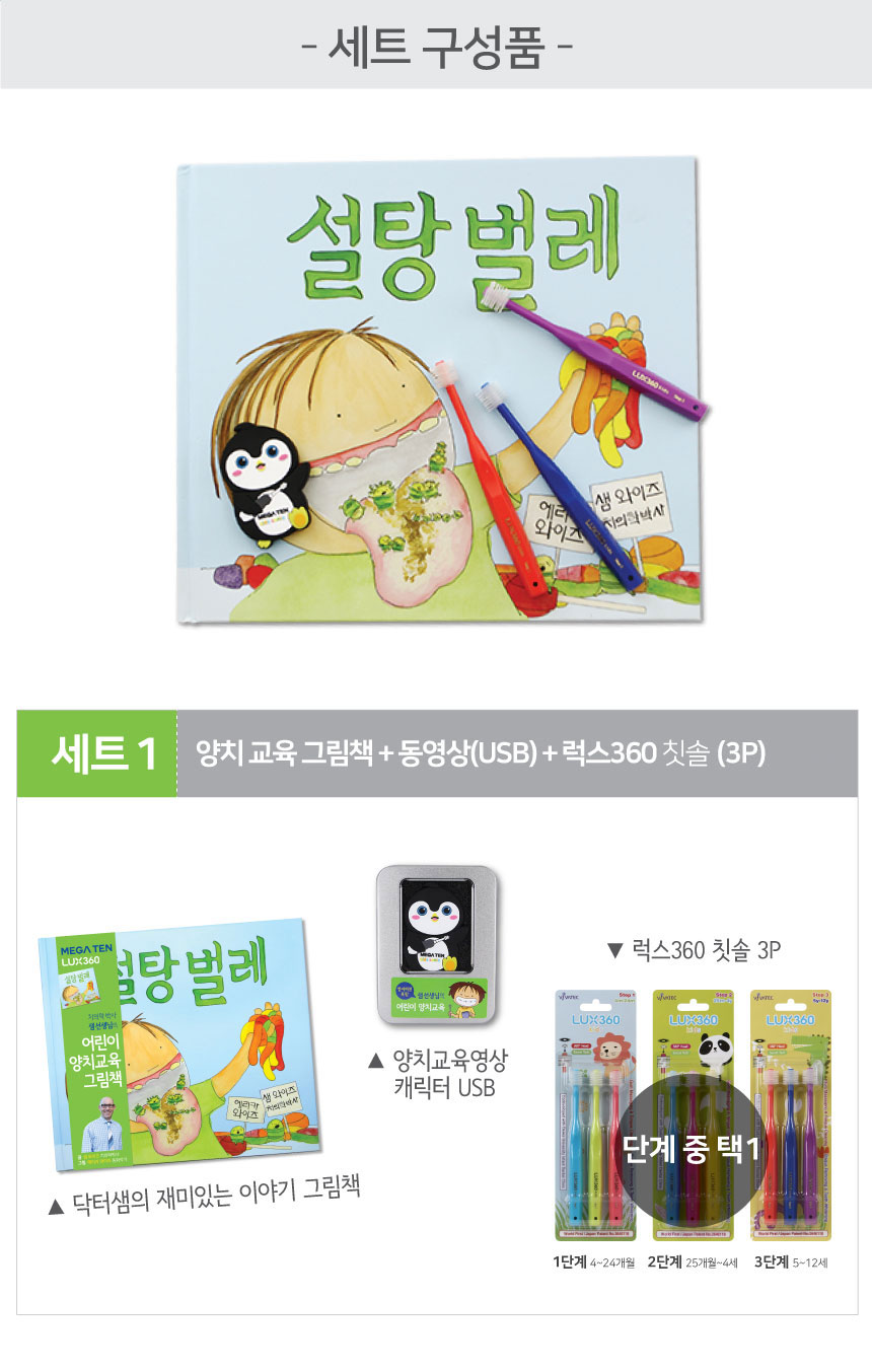 양치교육그림책+동영상(USB)+럭스360키즈칫솔3개입(1/2/3단계중택1)